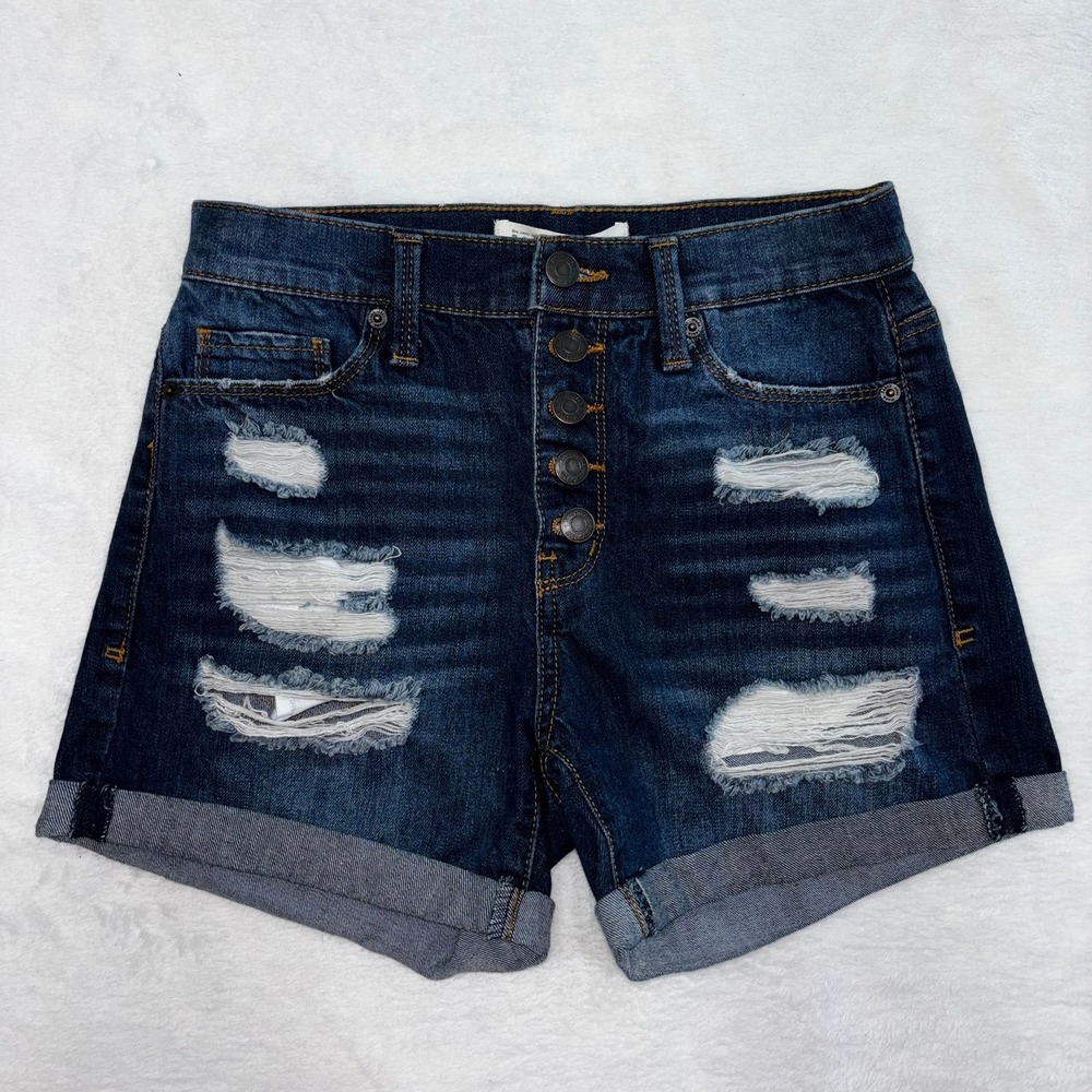 Mudd High Rise Midi Denim Shorts Distressed Button Fly Dark Wash Womens Size 3